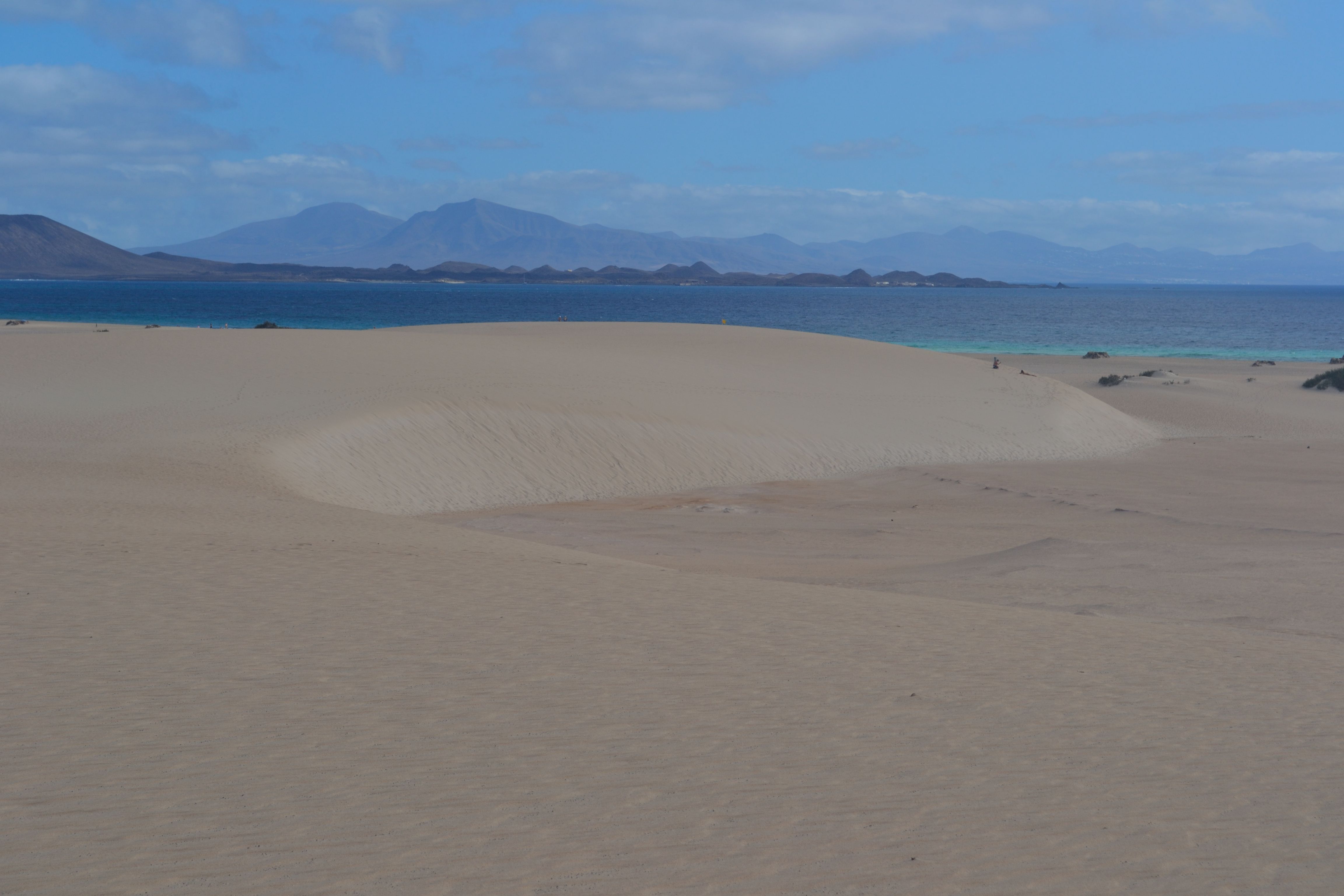 Dunas de Corralejo con mar turquesa e isla de Lobos al fondo